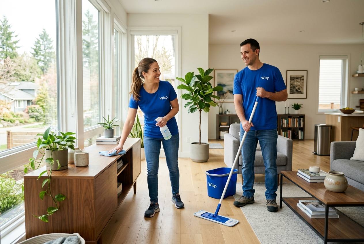 Warm, approachable Wisp cleaning team in royal blue t-shirts and blue jeans