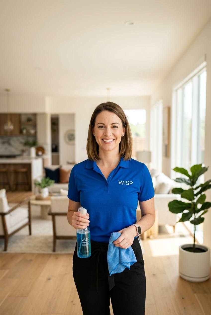 Friendly Wisp cleaner in a royal blue polo and black pants