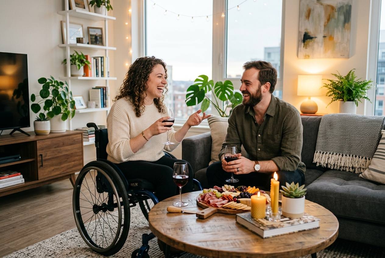 A couple enjoying a relaxed at-home date night in a clean, stylish living room