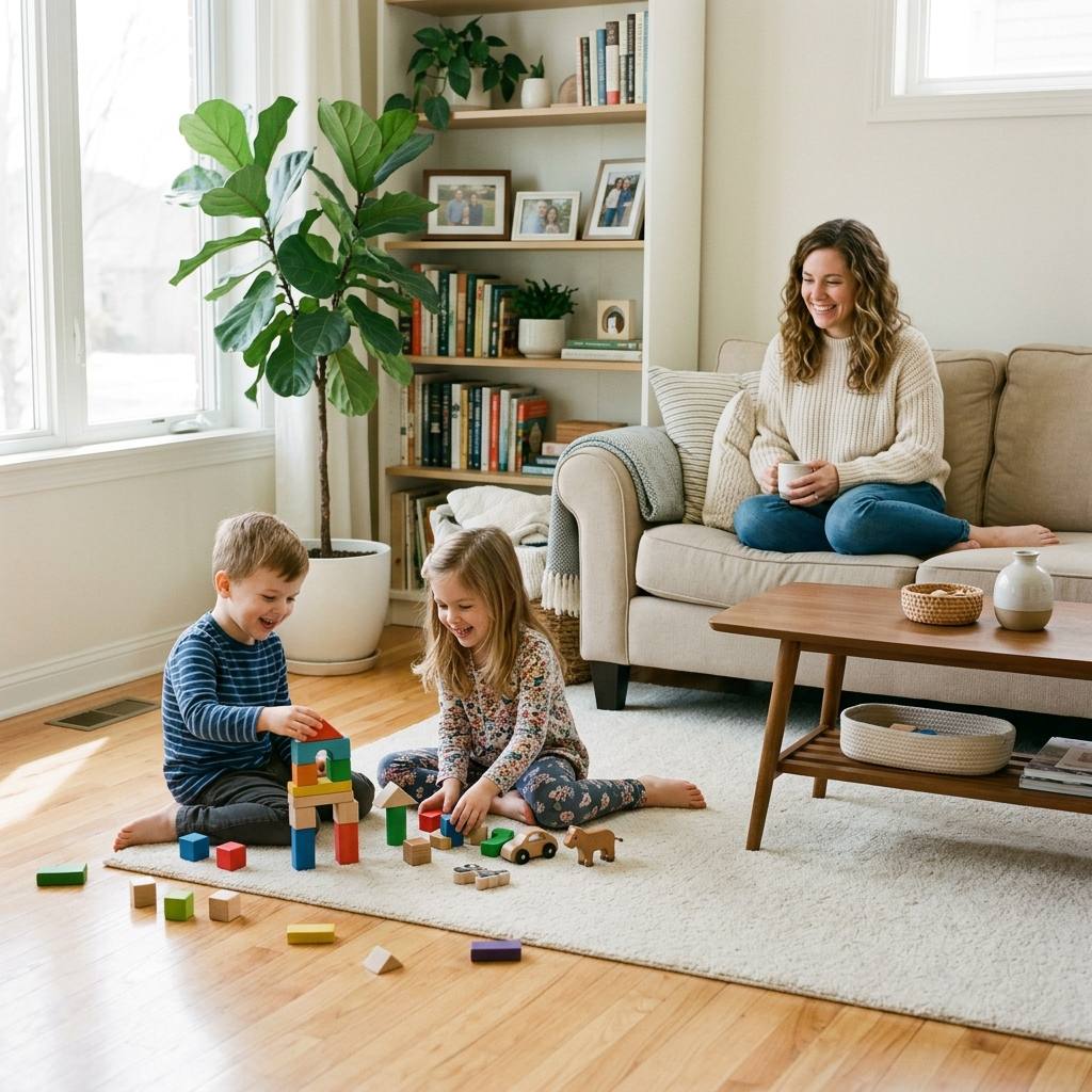 Children playing happily in a spotless, sunny living room