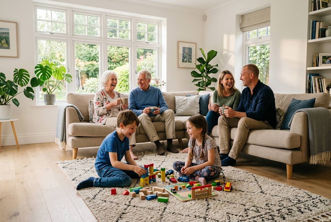 Three generations of a family relaxing together while the kids play in a clean, bright living room